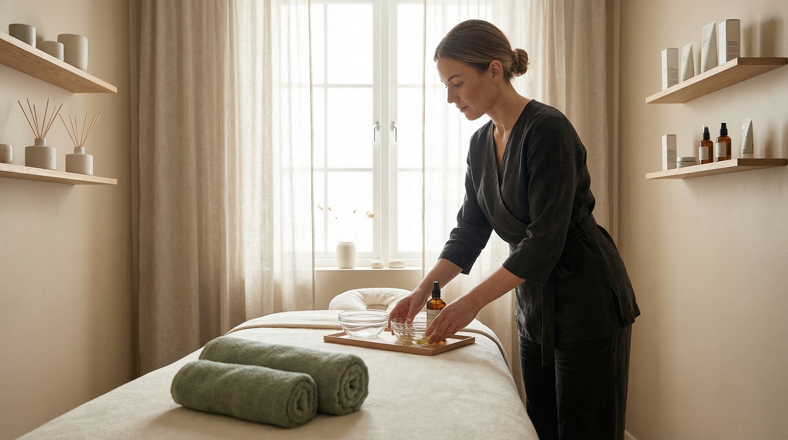 Terapeut förbereder behandlingsrum på Uppsala Spa
